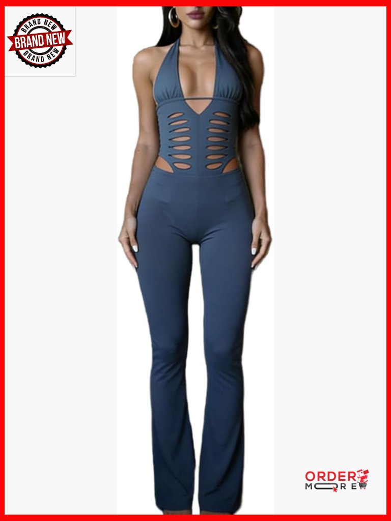 Halter Backless Hollow Out Slim Bodycon Jumpsuit Going Out Sexy